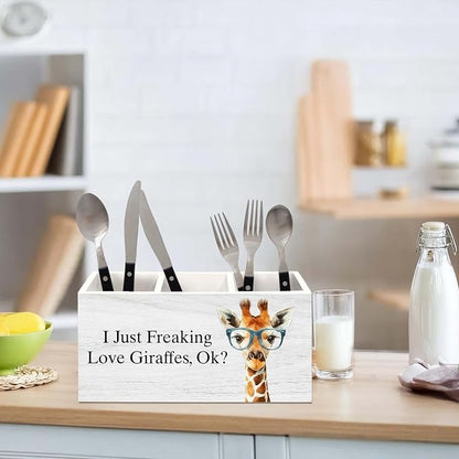 Giraffe Gifts Pen Holder for Desk, Funny Cute Wild Animal Pencil Organizer, Giraffe Gifts for Women, I Just Freaking Love Giraffes Wooden Pen Holder Desk Accessories Decor for Home Office