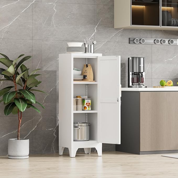 46"H White Metal Locker Set of 2,Small Locking Cabinet with 1 Door and 2 Adjustable Shelves For Employees,3 Tier Small Storage Cabinet with Detachable Legs for Kitchen, Office,School,Gym,Easy Assembly