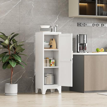 46"H White Metal Locker with 1 Lockable Door and 2 Adjustable Shelves For Employees,3 Tier Small Storage Cabinet with Detachable Legs and Vintage Handle for Kitchen, Office,School,Gym,Easy Assembly
