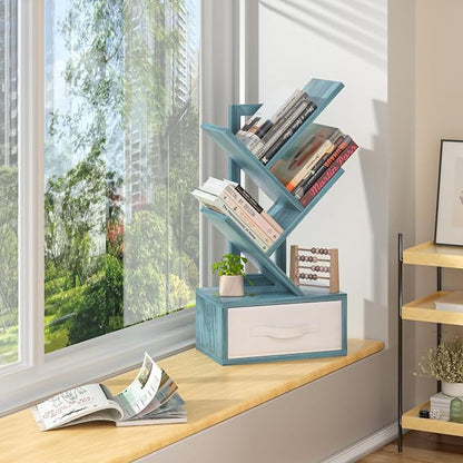 SHEEPAM Small Book Shelf with Drawer,4 Tier Black Tree Bookshelf,Blue Desktop Bookcase,Modern Desk Display Storage Bookshelves,Floor Standing Organizer Bookcases for Living Room,Bedroom,Office