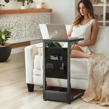 Folding C Shaped End Table, Small Folding Side Table with Storage Bag, Portable TV Tray for Couch, Sofa, Bed, Black