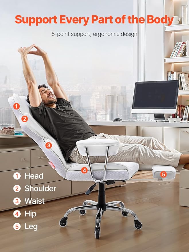VEVOR Reclining Office Chair with Footrest, Heavy Duty PU Leather Oversize Office Chair, Big and Tall Executive Office Chairs with Lumbar Support, Strong Metal Base Quiet Wheels, White