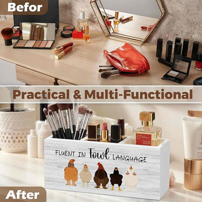 Funny Chicken Pencil Pen Holder for Desk Organizer, Chicken Lovers Gifts for Women Men, Fluent in Fowl Language Wooden Box Decorations for Home Office Bedroom Desk Tabletop Decor