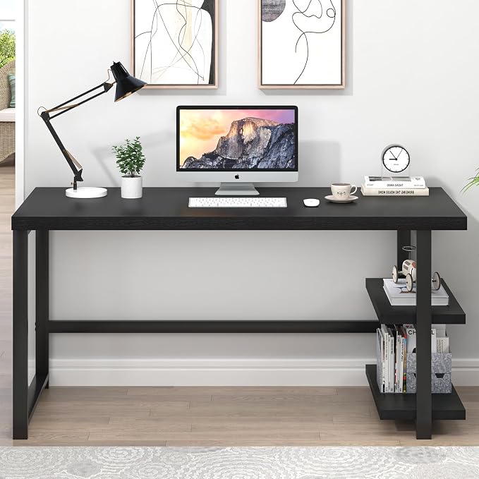 EXCEFUR Black Desk, Modern Computer Desk for Home Office, Metal Wood Writing Study Table Workstation with Storage Shelf for Living Room, Bedroom, 53 Inch