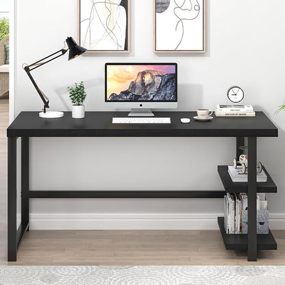 EXCEFUR Black Desk, Modern Computer Desk for Home Office, Metal Wood Writing Study Table Workstation with Storage Shelf for Living Room, Bedroom, 53 Inch