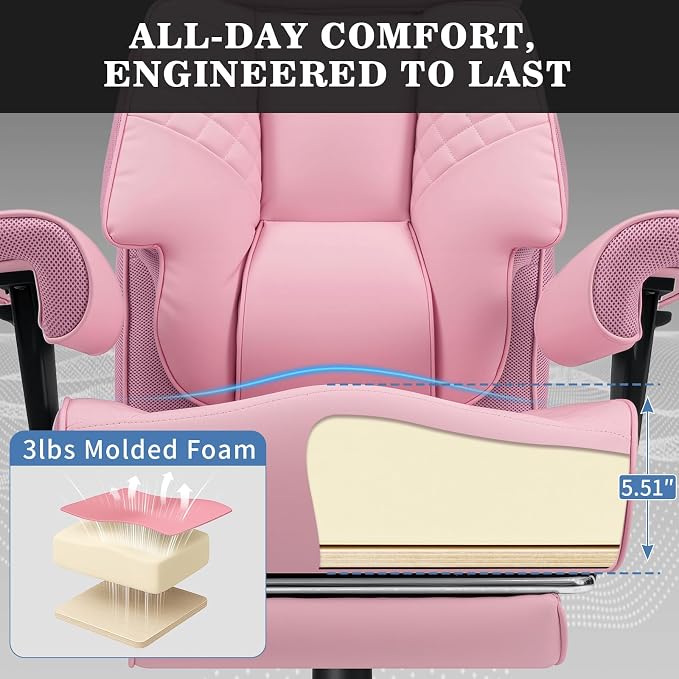 HOFFREE Big and Tall Office Chair 500lbs for Heavy People Executive Office Desk Chair with Wide Seat PU Leather Computer Chair with Adjustable Lumbar Support Pink