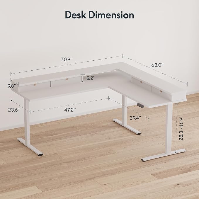 SANODESK 71" L Shaped Standing Desk with 4 Drawers, Height Adjustable Stand up Desk, Corner Gaming Desk with Monitor Stand, White Frame/White Top
