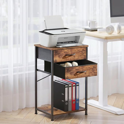 Small Printer Stand with Fabric Drawer & Storage Side Table | Sturdy compact build, works as nightstand end table & accent table. Ideal for bedroom living room & home office daily storage