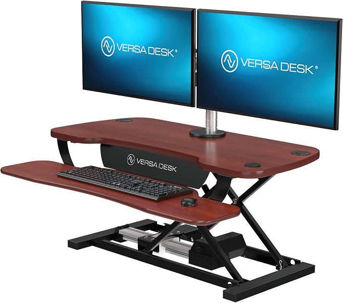 VERSADESK PowerPro 36 Inch Electric Standing Desk Converter – Push-Button Height Adjustable Sit to Stand Desk Riser for Dual Monitors & Laptop – Motorized Desktop Workstation with Wide Keyboard Tray