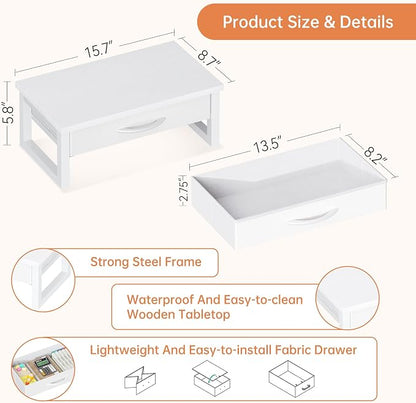 Desk Organizers and Accessories, Computer Monitor Stand Riser with Drawer, White Laptop Stand for Desk with Storage, Office Organization, Wood