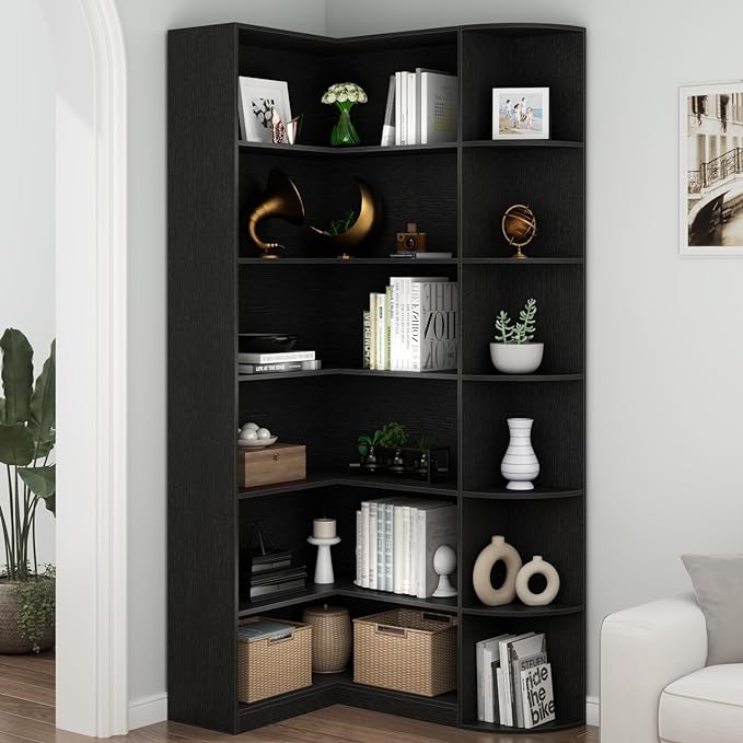 Loomie Black Book Shelf, 6 Tiers Shelf Large Tall Corner Etagere Bookcase with Full Baffle, L-Shaped Modern Storage Display Industrial Bookshelves for Bedroom, Home Office, Living Room & Kitchen,Black