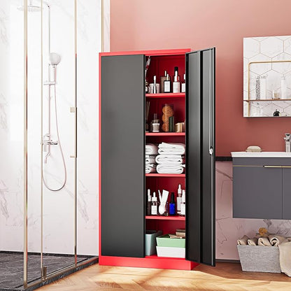 Fesbos Metal Storage Cabinet-71” Tall Steel File Cabinets with Lockable Doors and Adjustable Shelves-Black&Red Steel Storage Cabinet for Home,Kitchen, School, Office, Garage