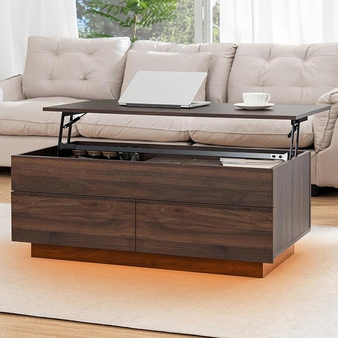 HOMMPA 40'' Lift Top Coffee Table for Living Room, Walnut Coffee Tables with Storage, LED Modern Coffee Table Rectangular Wooden Gloss, Flip Top Center Table with 2 Drawers and Hidden Compartment