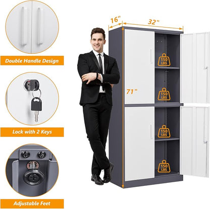 STANI Metal Storage Cabinet, Locking Steel Cabinet with 4 Doors and 2 Adjustable Shelves, 71" Tall Steel Cabinet for Home Office, Garage, School (Grey+White)