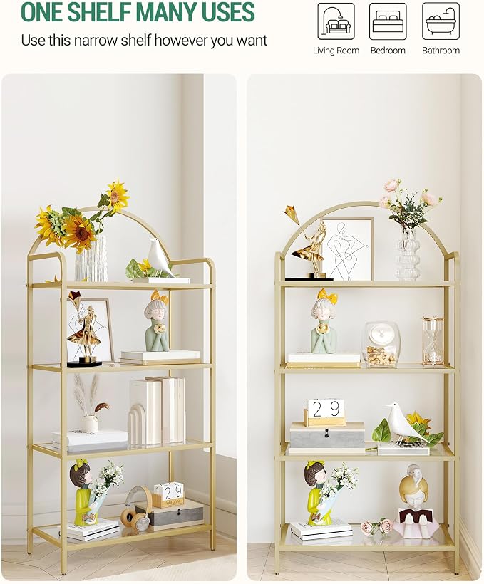 Hzuaneri Bookcase Bookshelf, Tempered Glass Bookshelves, Slim Shelving Unit for Bedroom, Bathroom, Home Office, Steel Frame, 4 Tier Gold BC21499G