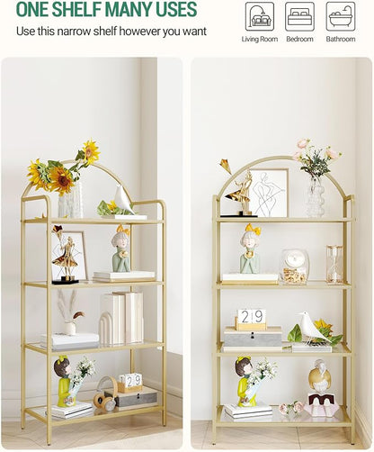Hzuaneri Bookcase Bookshelf, Tempered Glass Bookshelves, Slim Shelving Unit for Bedroom, Bathroom, Home Office, Steel Frame, 4 Tier Gold BC21499G