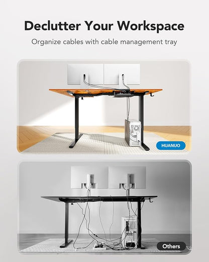 HUANUO Dual Motor 71x48 inch L Shaped Electric Standing Desk with 3 Preset Heights, Electric Height Adjustable Computer Table, 2 Hooks & Cable Tray, Raising Desk for Home Office, Vintage Brown