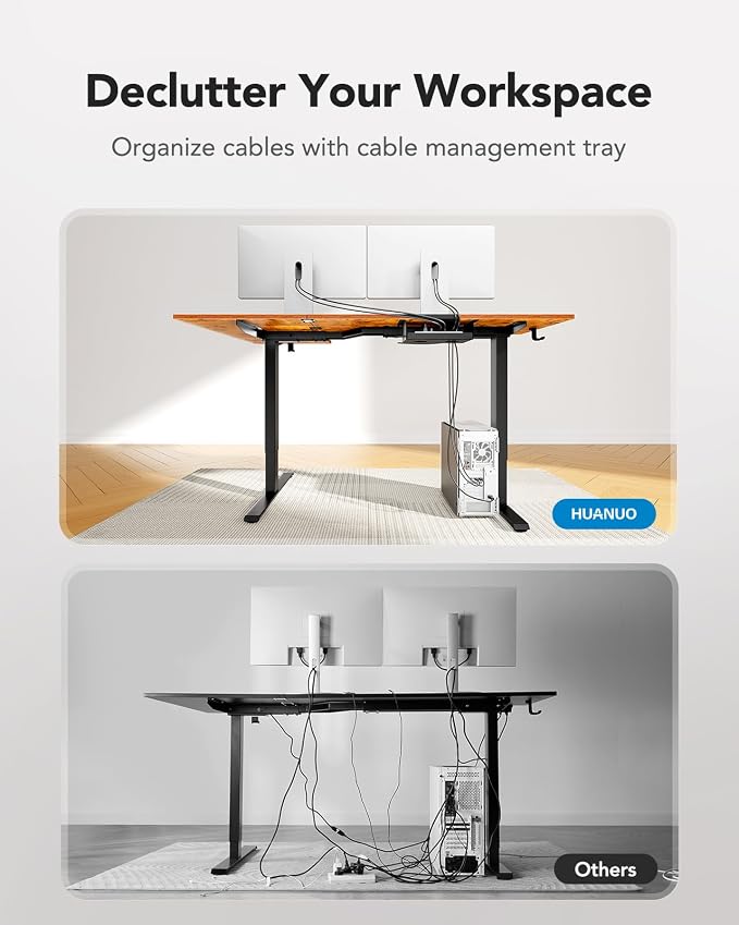 HUANUO Dual Motor 63x40 inch L Shaped Electric Standing Desk with 3 Preset Heights, Electric Height Adjustable Computer Table, 2 Hooks & Cable Tray, Raising Desk for Home Office, Vintage Brown