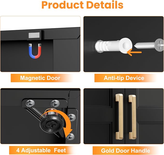 71" Metal Pantry Cabinet,Storage Cabinet with Doors and Shelves | Metal Storage Cabinet,Gold Handles,Adjustable Shelves,Magnetic Doors,Leveling Feet,Anti-tipping,for Kitchen/Garage Black