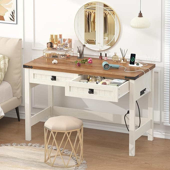 YOMILUVE Farmhouse Computer Desk with 2 Drawers, 39 Inch Small Office Computer Desk with Power Outlets, Compact Writing Study Desk for Small Spaces, Antique White