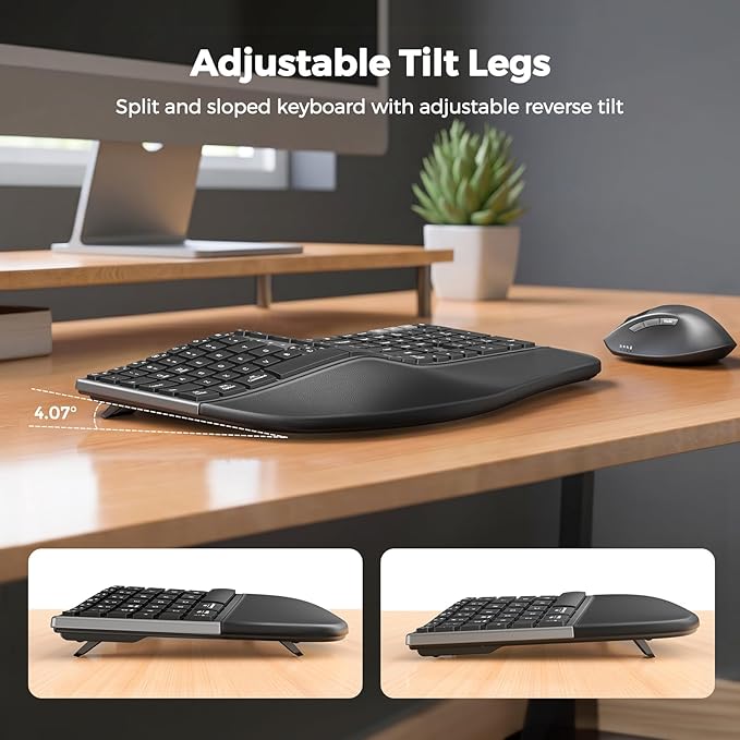 MEETION Ergonomic Keyboard and Mouse Wireless, Split Curved 2.4G & Bluetooth Keyboard Mouse, Full-size Cushioned Palm Rest Keyboard, 4 Adjustable DPI Mouse, Compatible for Windows/Mac/PC/Laptop, Black