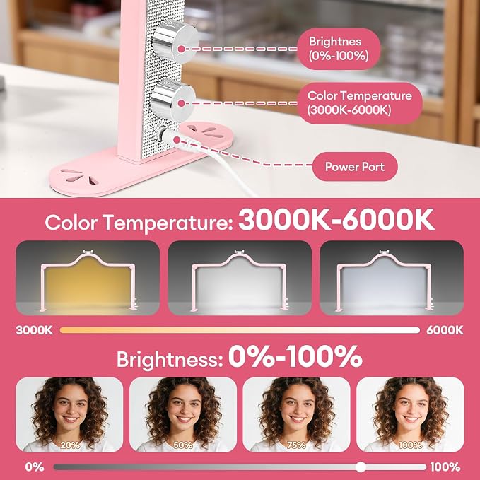 Arch Half Moon Light: Professional 34 inch 420 LED Beads - Nail Lamp for Desk Adjustable Brightness 3 Color Temperature - Foldable Nail Tech Light for Manicure Crafting (Pink)