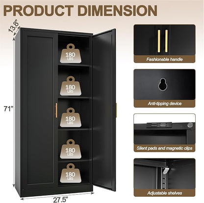 71" Tall Kitchen Pantry Cabinet, Metal Kitchen Pantry Storage Cabinet with Doors and 4 Adjustable Shelves, Black Pantry Cabinet for Living, Dining Room, Bathroom