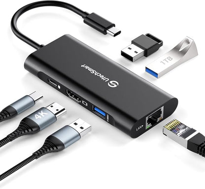 UtechSmart USB C Hub, Ethernet Multiport Adapter 6 in 1 USB C to HDMI Dock Compatible for MacBook Pro/Air, Chromebook, Dell XPS, HP and Type C Devices (Gigabit Ethernet 100W PD 4K HDMI USB 3.0) Black