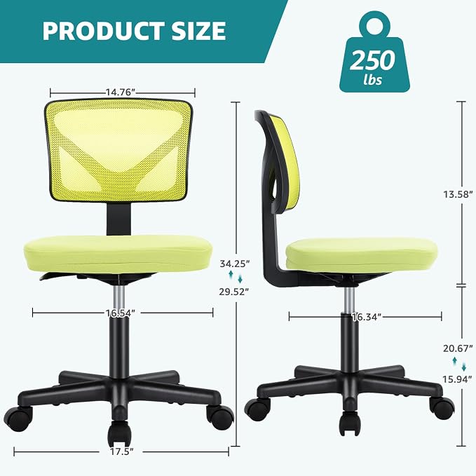 OLIXIS Armless Office Chair, Ergonomic Desk Chair with Wheels, Mesh Back, Removable Washable Foam Cushion, Height Adjustable Rolling Swivel Chairs for Small Space, Home, Office, Green