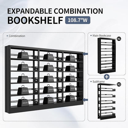 70.9" H Metal Bookshelf, Adjustable Bookcase, 5-Tier Heavy Duty Bookshelf with Bookend, Tall Bookshelves, Bookcase Shelf for Living Room, Office, Library,Classroom (Black-108.30W)