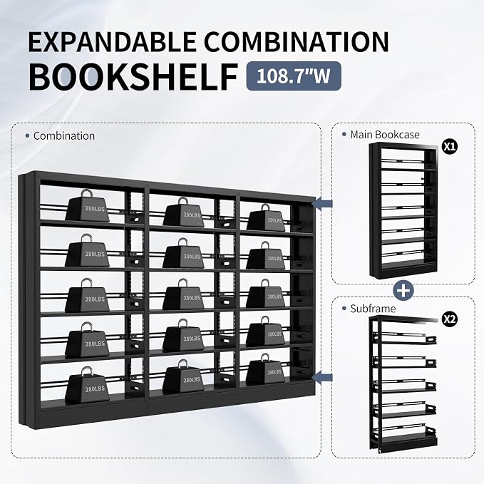 71" Expandable Combination Metal Bookshelf,5 Tier Library Bookcase with Adjustable Shelves,Heavy Duty Bookshelves and Bookcases,Modern Book Shelf Tall Book Case/Shelves (108.3" W, Black)