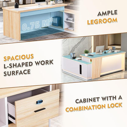 L-Shaped Executive Desk with LED Lights, Modern Reception Desk with AC Power Outlets/USB/Type-C, Executive Workstation with Locked Storage Cabinet, for Office (Wood/Beige, 51.18"L/29.92"W/29.73"H")