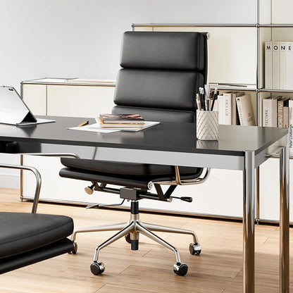 High-Back Executive Genuine Leather Office Chair, with Aluminum Arms and 5-Star Base, Modern Rolling Desk Chair with Silent Wheels, Lumbar Support, High-Adjustable, Tilting for Home & Office