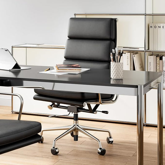 High-Back Executive Genuine Leather Office Chair, with Aluminum Arms and 5-Star Base, Modern Rolling Desk Chair with Silent Wheels, Lumbar Support, High-Adjustable, Tilting for Home & Office
