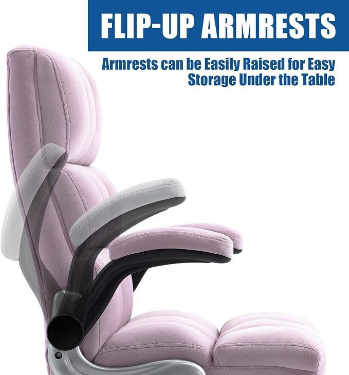ECOTOUGE Executive Office Chair, Velvet Ergonomic Comfy Desk Chair, High Back Computer Chair with Adjustable Tilt Angle and Flip-up Arms (Violet, Without Footrest)