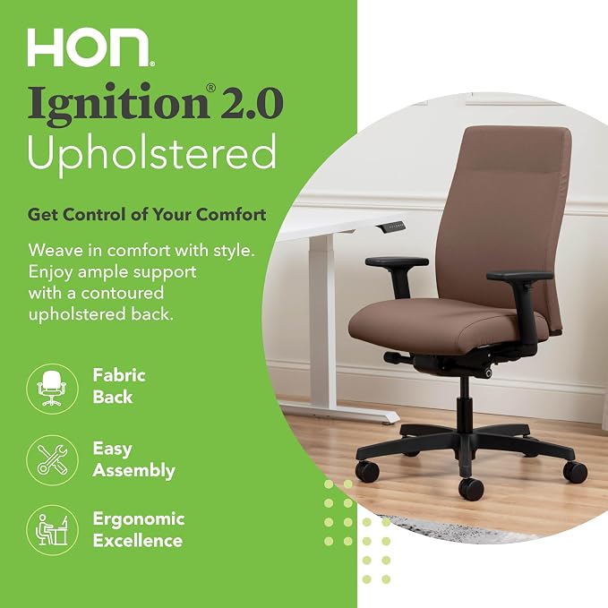 HON Ignition 2.0 Ergonomic Office Chair with Adjustable Arms, Advanced Synchro‑Tilt Recline, Upholstered Desk and Computer Chair for Home Office or Workstation, Black Frame, Bark