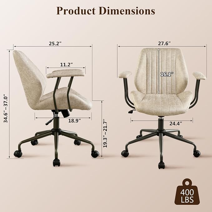 Mid Century Modren Office Chair - Fuax Leather Suede Brown Executive Chairs Ergonomic Mid Back with Lumbar Support, Swivel Computer Desk Task Chair with Wheels for Home Office (Beige, Mid Back)