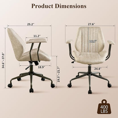 Mid Century Modren Office Chair - Fuax Leather Suede Brown Executive Chairs Ergonomic Mid Back with Lumbar Support, Swivel Computer Desk Task Chair with Wheels for Home Office (Beige, Mid Back)