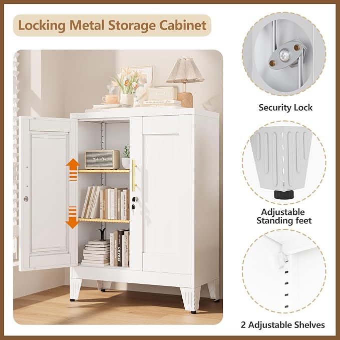 GAIOUS White Metal Pantry Cabinet with Lock(Two Units), Sideboard Buffet | Storage Cabient with Doors and 2 Adjustable Shelves, Multifunctional Kitchen Cupboard for Home Office, Buffet Table
