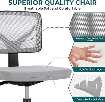 DUMOS Small Office Chairs with Wheels, Ergonomic Adjustable Home Desk Swivel Rolling Task Chair No Arms, Comfy Mesh Mid Back Computer Work Vanity Desk Chairs for Small Spaces, New Grey