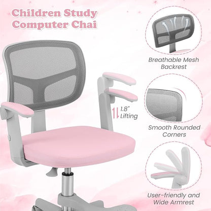 Giantex Kids Desk Chair, Ergonomic Adjustable Student Rolling Chair with Footrest & Flip-up Armrest, Mesh Children Office Chair with Universal Wheels, Kids Computer Chair for Boys & Girls, Pink