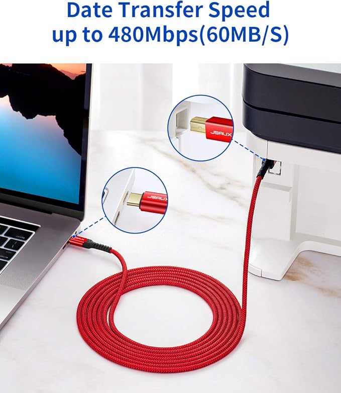 JSAUX USB B to USB C Cable 10ft, USB C Printer Cable Compatible with MacBook Pro, HP, Epson, Canon, Brother, Lexmark, Xerox Printers and Scanner-Red