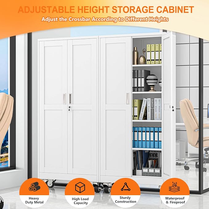 pozdeg 71" Metal Garage Storage Cabinets with Wheels, Lockable Rolling File Cabinets with 2 Doors and 4 Adjustable Shelves, Steel Tool Organizer Locker for Office Home Garage Gym School, White