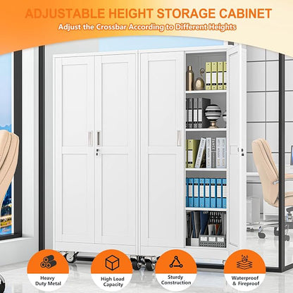 pozdeg 71" Metal Garage Storage Cabinets with Wheels, Lockable Rolling File Cabinets with 2 Doors and 4 Adjustable Shelves, Steel Tool Organizer Locker for Office Home Garage Gym School, White