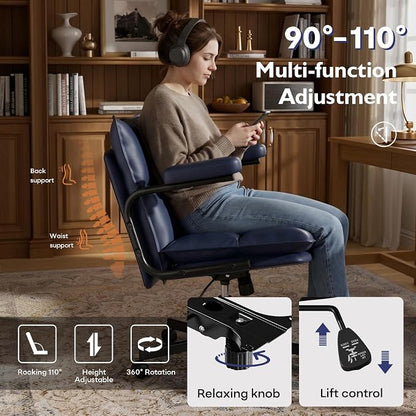 Ollega Mid Century Modern Desk Chair, Vintage Leather Office Chair, Blue | Petite Computer Chair for Small to Medium Women, Thickened Back, Cozy Seat, Adjustable Height for Home