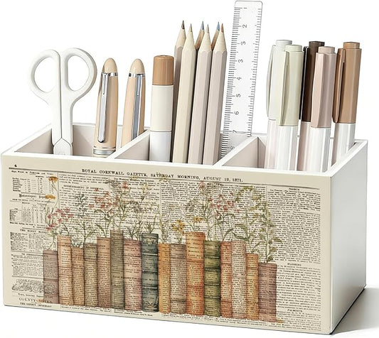 Vintage Book Floral Pen Pencil Holder for Desk, Book Lovers Reader Gifts, Reading Corner Nook Decor, Bookish Wooden Box Sign Decorations for Reading Room Classroom Bedroom Desk Tabletop