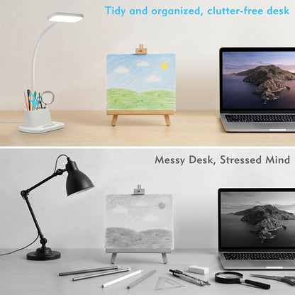 BOHON Desk Lamp for Home Office Reading Light with USB Charging Port White | Small Desk Lamps with Pen Holder, 5 Color Modes 5 Brightness, Touch Gooseneck LED Table Lamp for Dorm Room Essentials Study