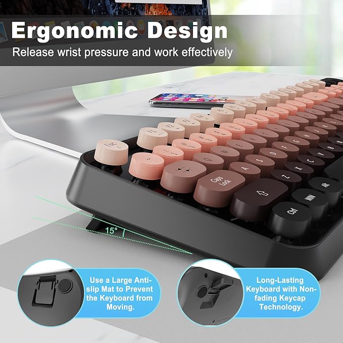 Wireless Keyboard and Mouse Combo for Long Nails, Black Pink Aesthetic Bubble Keyboard with Round Keys, Cute Typewriter Style Full Size Keyboard with Number Pad for PC Laptop Desktop