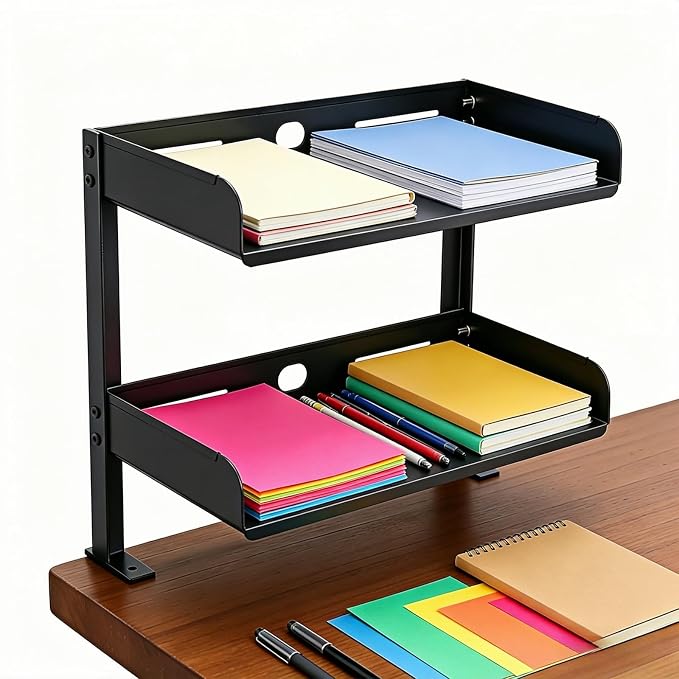 CanKing Desk Clamp Shelf 16 Inch 2 Tier Adjustable Storage Rack | Sturdy metal organizer saves space, fits A4 paper, and mounts securely on or under tables for office, gaming, and cubicle