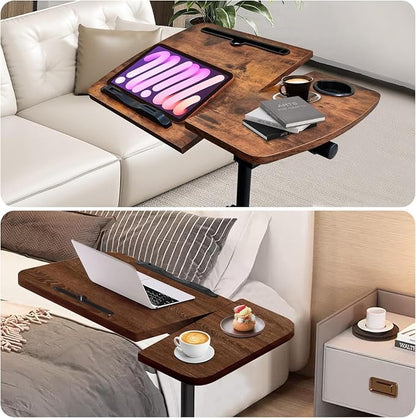 Medical Adjustable Overbed Bedside Table with 2 Tilting Desktops Teacher Podium Laptop Computer Cart Mobile Laptop Desk with Cup Holde,Drawer,Wheels for Office, Home and Classroom (Brown)